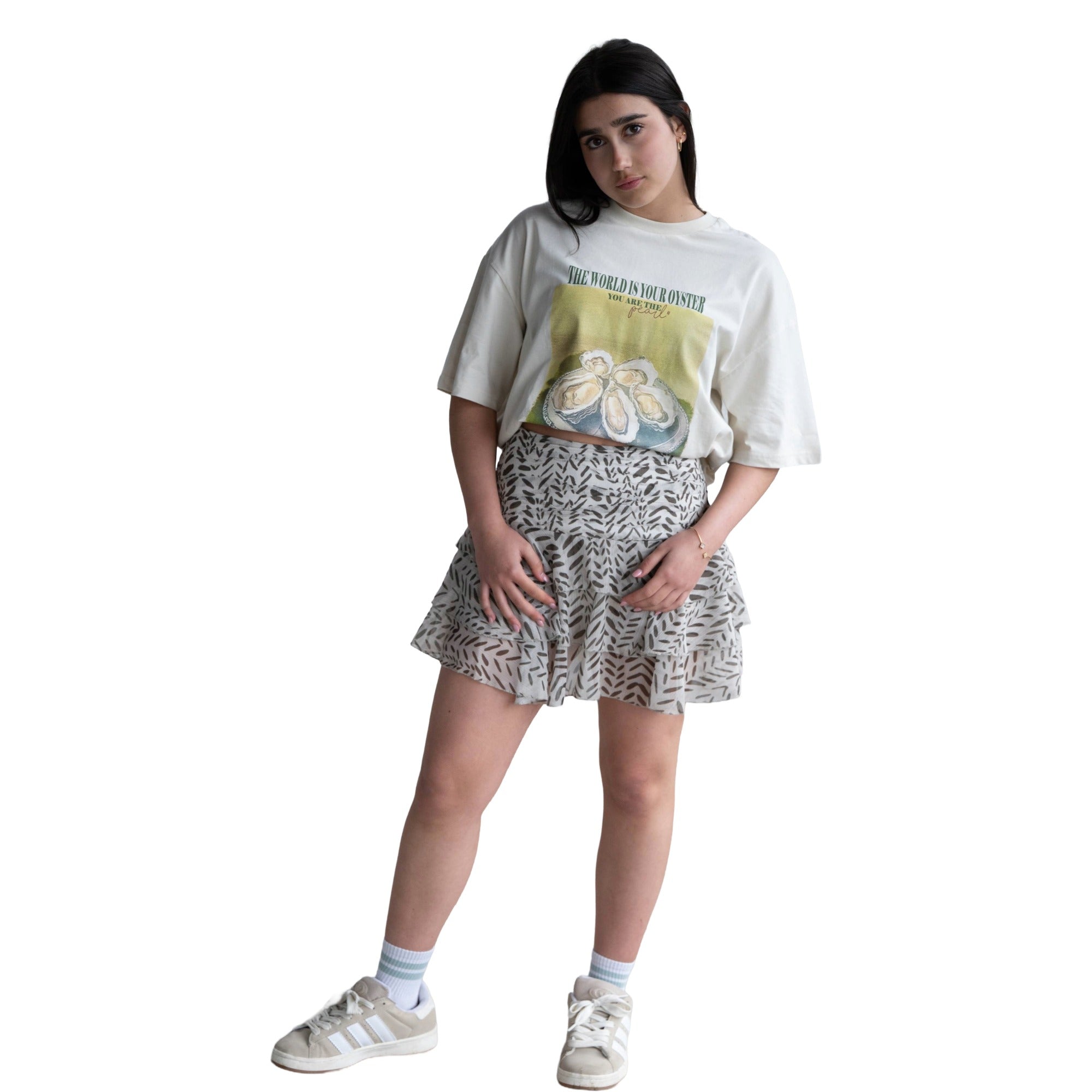 Saia Curta Estampada com Folhos